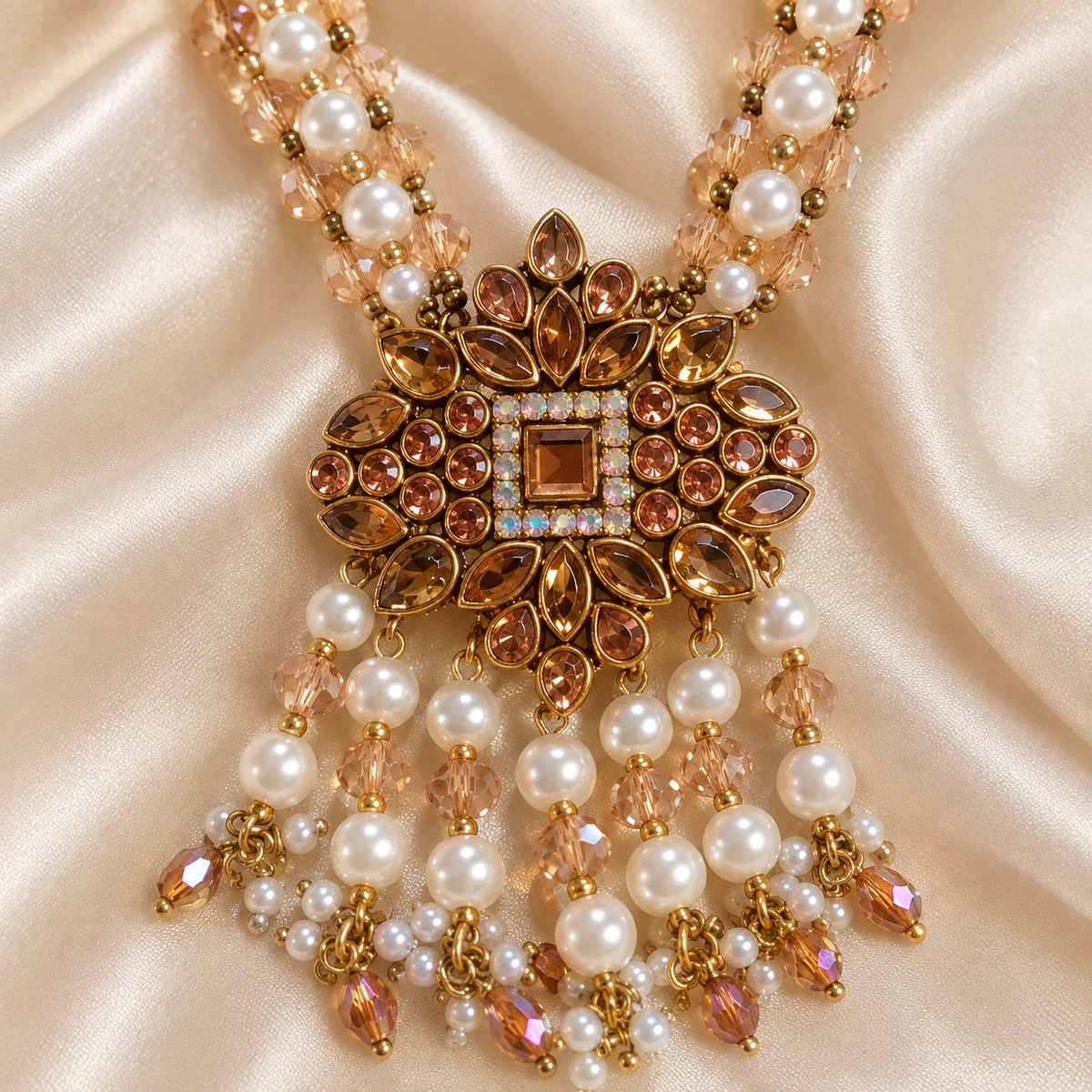 Kundan Pearl & Crystal Beads Necklace & Earrings Set | Champagne Kundan Pendant | Handmade by Sanovia Jewels