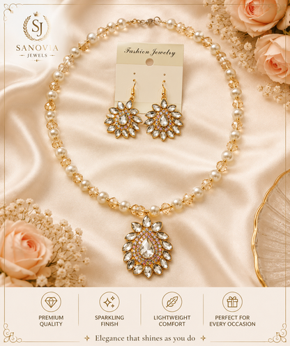 Handcrafted Kundan, Pearl & Crystal Beads Necklace and Earrings Set for Girls