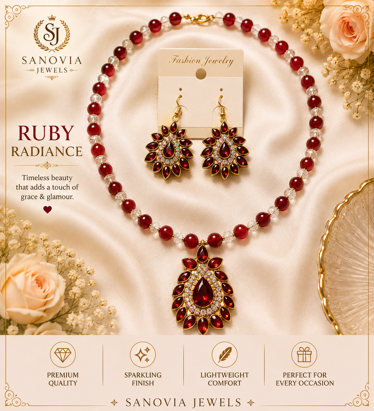 Handcrafted Kundan, Pearl & Crystal Beads Necklace and Earrings Set for Girls