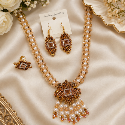Kundan Pearl & Crystal Beads Necklace & Earrings Set | Champagne Kundan Pendant | Handmade by Sanovia Jewels