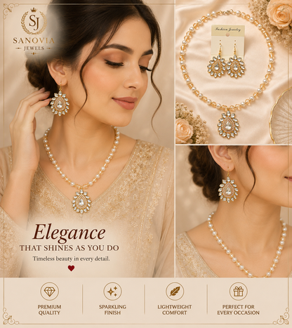 Handcrafted Kundan, Pearl & Crystal Beads Necklace and Earrings Set for Girls
