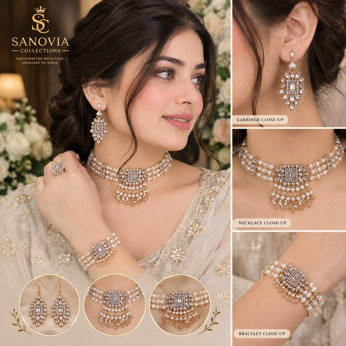 Pearl & Kundan Choker Set with Matching Earrings & Bracelet | Sanovia Collections