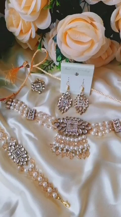 Pearl & Kundan Choker Set with Matching Earrings & Bracelet | Sanovia Collections