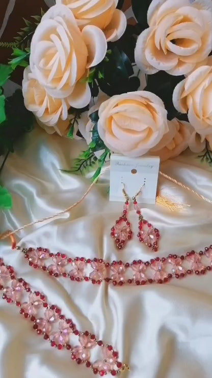 Peach & Maroon Korean Style Beaded Choker Jewellery Set