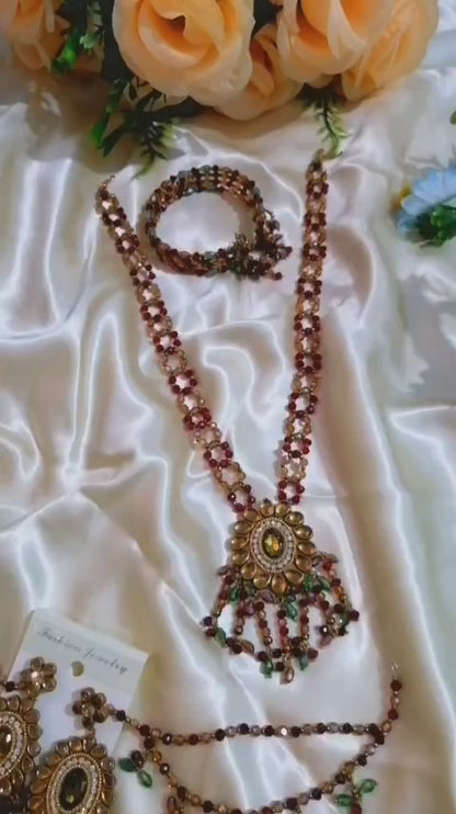 Maroon & Emerald Kundan Beaded Jewelry Set