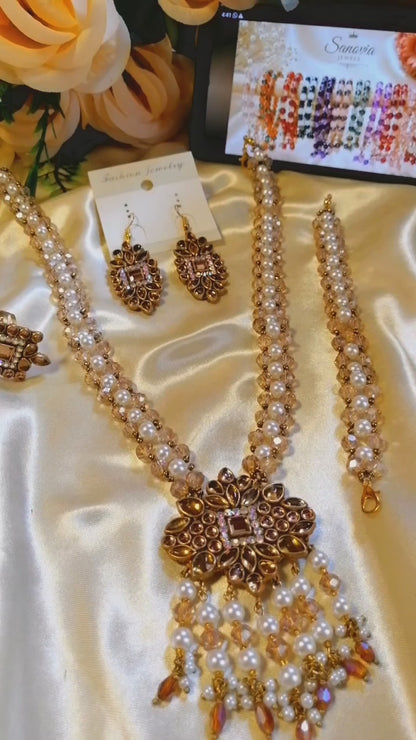 Kundan Pearl & Crystal Beads Necklace & Earrings Set | Champagne Kundan Pendant | Handmade by Sanovia Jewels