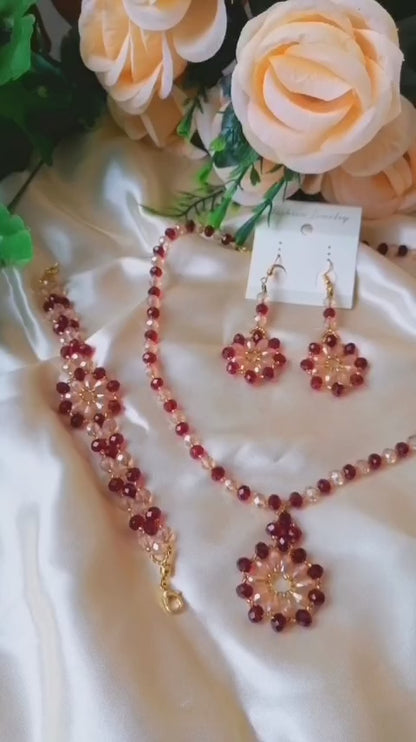 Maroon & Gold Crystal Jewellery Set with Bracelet