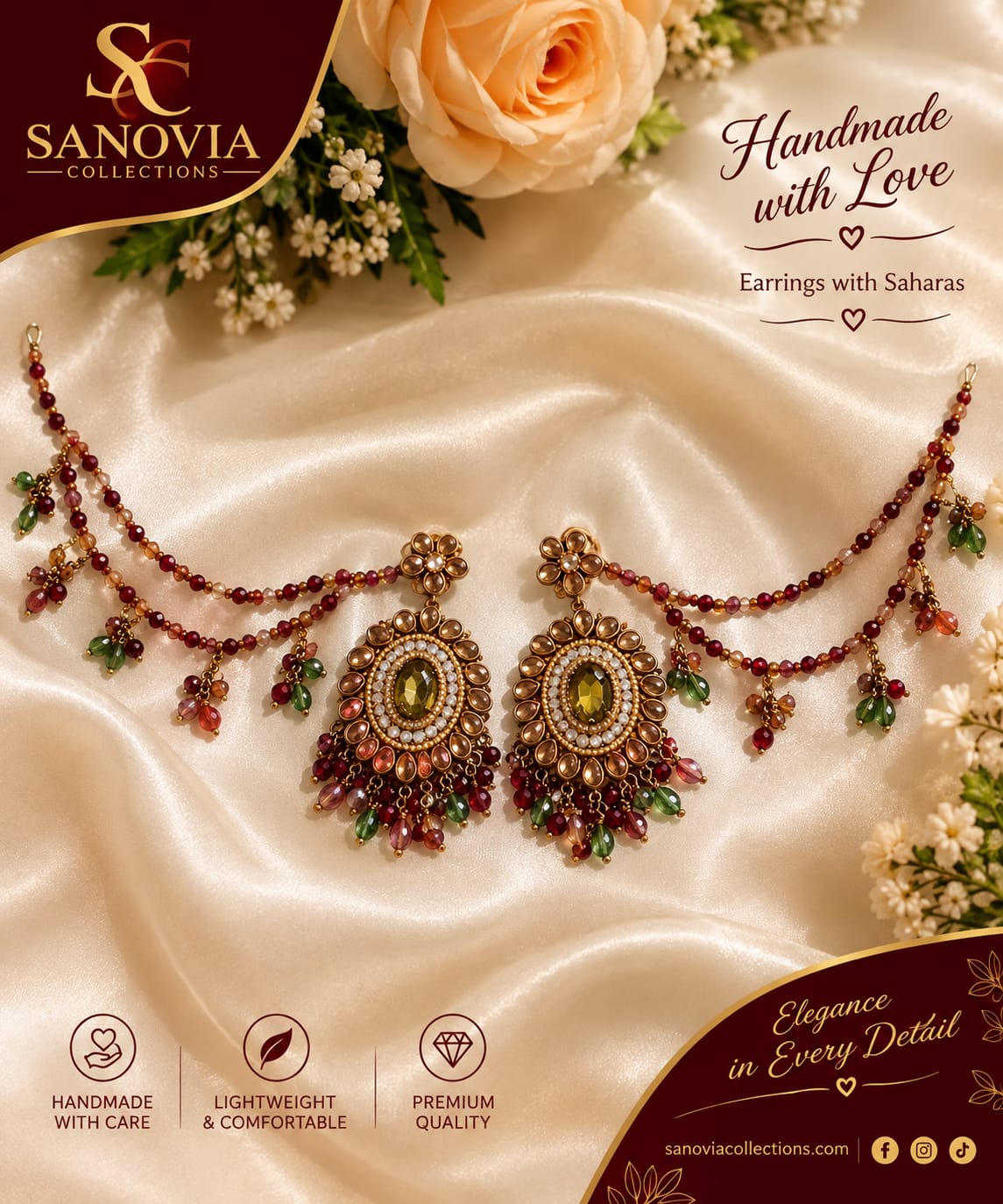 Maroon & Emerald Kundan Beaded Jewelry Set