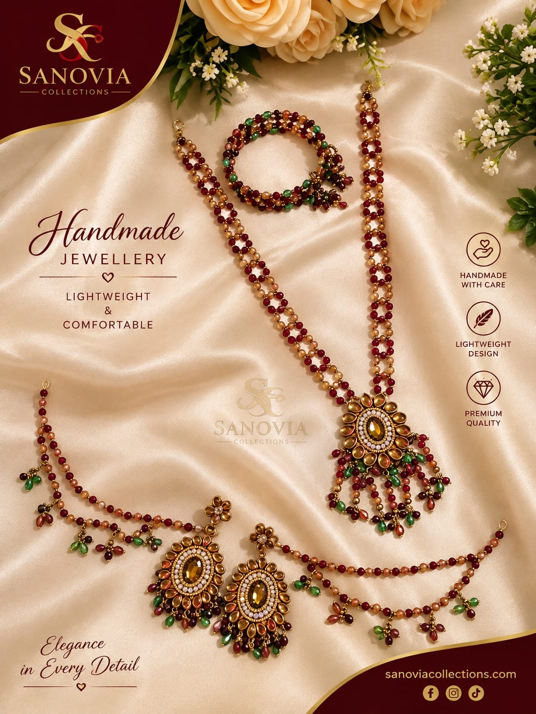 Maroon & Emerald Kundan Beaded Jewelry Set
