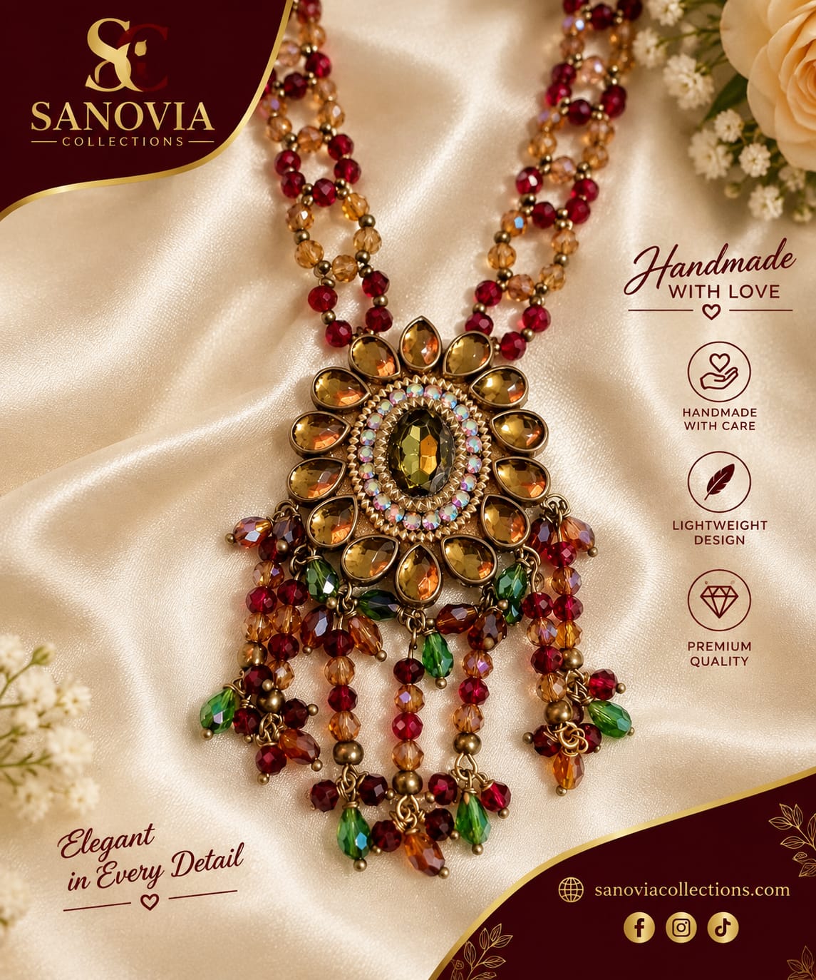 Maroon & Emerald Kundan Beaded Jewelry Set